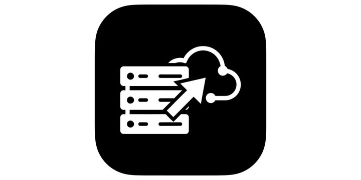 Data migration to cloud server white icon on black rounded square.
