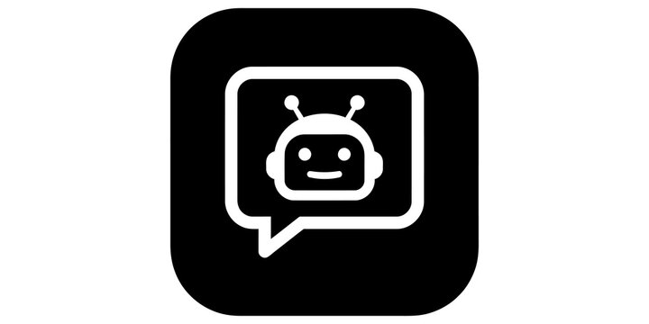 Chatbot bubble assistant white icon on black rounded square design.