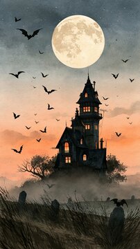a spooky Halloween scene. A large, full moon casts a soft glow over a haunted house. The house, with its dark, gothic architecture, features multiple windows and spires.