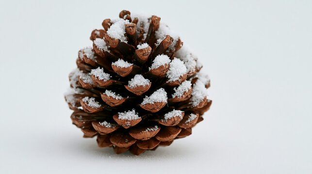 a pinecone is set against a plain white background. The pinecone has a rich brown hue and is covered in a layer of white, fluffy snow. The snow is evenly distributed across the pinecones surface.