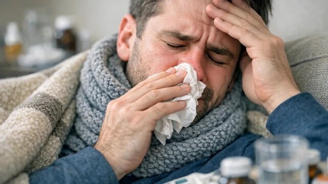 Man sneezes, holding tissue to nose