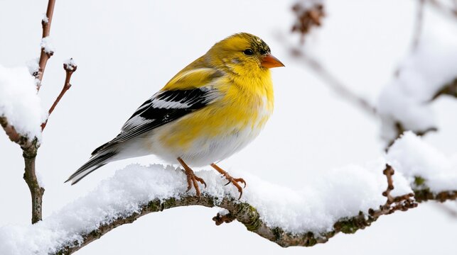 a bird perched on a branch covered in snow. The bird is predominantly yellow with black and white stripes on its wings and tail. Its bright orange beak stands out against the white backdrop.