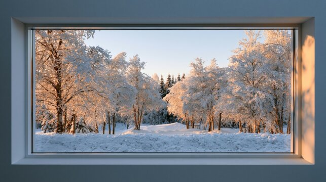 a serene winter landscape captured through a window frame. The window reveals a dense forest of snowcovered trees. The trees are covered in a thick layer of white snow, contrasting with the blue sky.