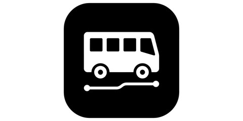 White bus icon with route path line on black rounded square button. © 扁平化图标 