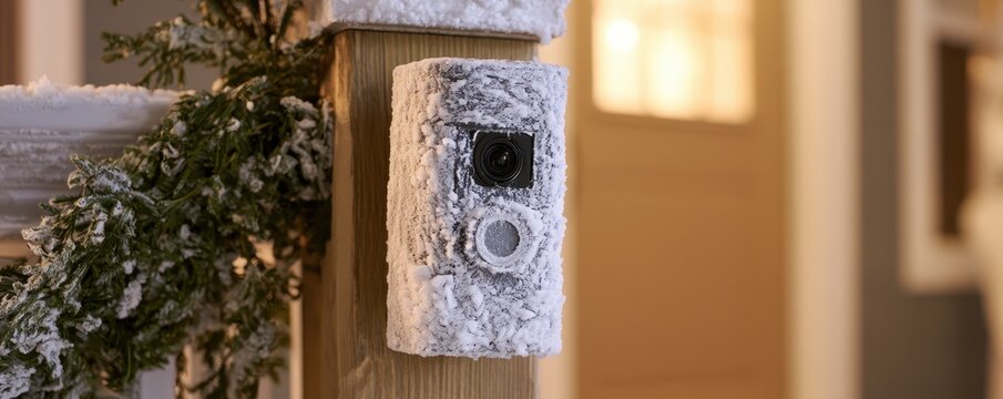 Snow covered video doorbell mounted on a wooden porch post during winter weather