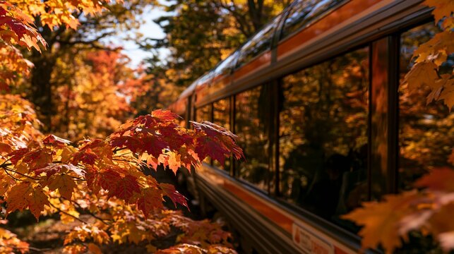 a train traveling through a forest. The trains side mirror reflects the surrounding trees and foliage. The leaves are a mix of red, orange, and yellow, indicating the transition from autumn to fall.