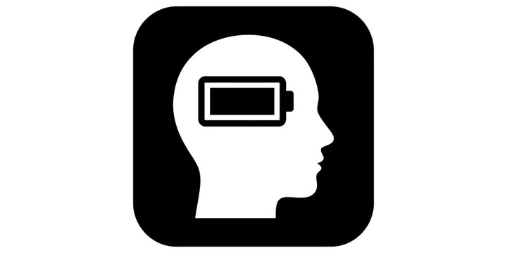 Black square icon of human head profile with a low battery outline.