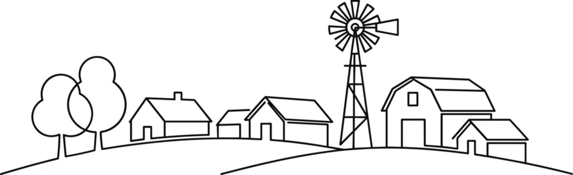 A charming line drawing of a countryside farm featuring houses barns trees and a tall windmill on rolling hills.