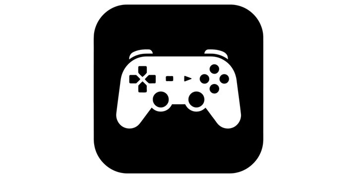 Black square icon of a white video game controller gamepad graphic.