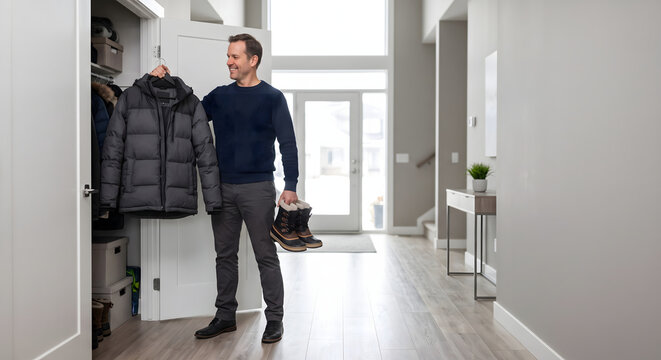 Man taking out a winter down jacket and boots from storage in entrance hallway