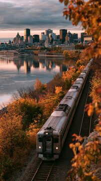 a train traveling along a railway track in autumn. The train, with its sleek design, is the main subject, traveling past a city skyline at twilight. The sky is painted with hues of orange, pink.