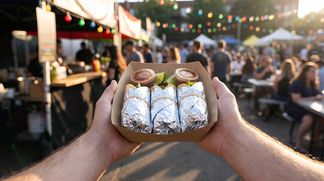 POV First Person View Holding Foil Wrapped Street Tacos at Vibrant Night Market Festival