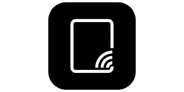 Wireless screen casting flat outline vector icon on black square.