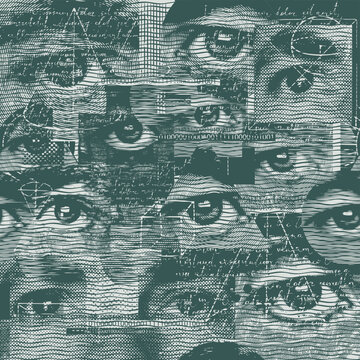 Abstract Eye Collage Seamless Pattern with Engraving Lines, Handwritten Text and Grunge Texture for Fabric, Wallpaper and Streetwear