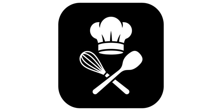 Chef hat with crossed whisk and spoon white icon for culinary art design.