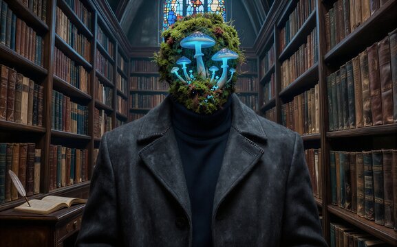 Mushroom crown in ancient library, bookshelves surround mysterious figure.