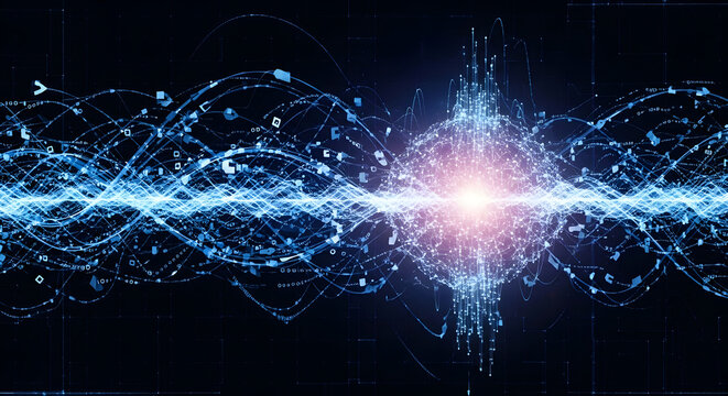 Abstract digital data stream representing global connectivity and futuristic network power.