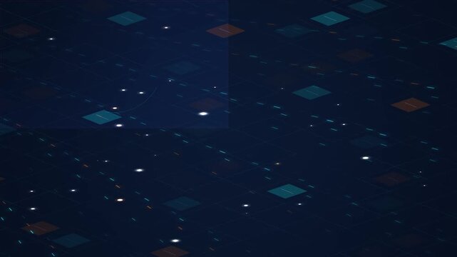 abstract digital pattern with blue and teal rhombus shapes and small glowing particles on a dark background, data network or technology concept