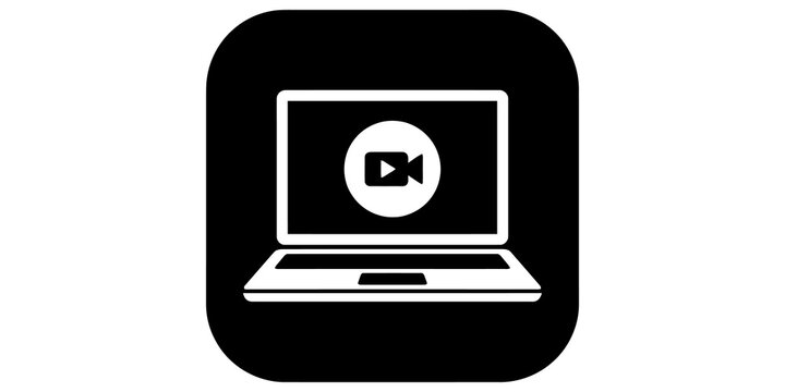 Online video lecture webinar on laptop computer screen dark flat icon.