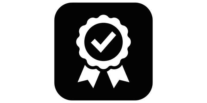 Badge with checkmark icon on black square for quality assurance control.