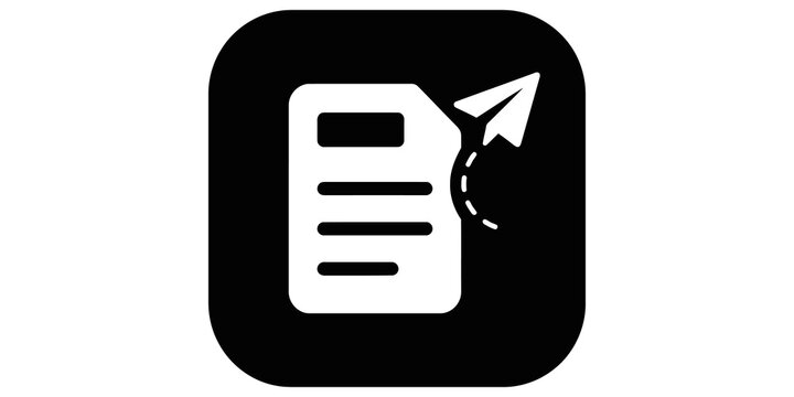 Document with paper plane icon on black square for business email sending.