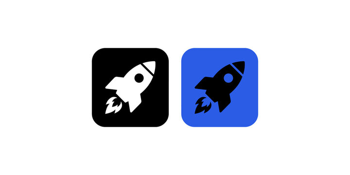 Launch rocket ship icons in dual monochrome and bright blue color styles.