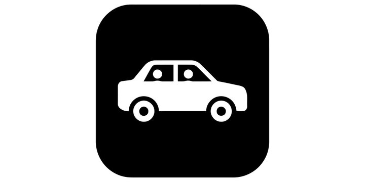 Automobile side view icon white silhouette on black square for road travel.