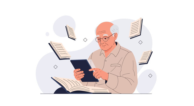 Elderly Man Reading on Digital Tablet Surrounded by Flying Books, Vector Illustration
