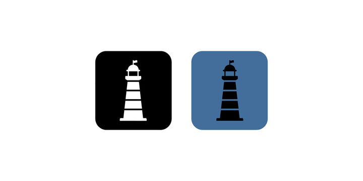 Lighthouse icon in black and blue rounded buttons for navigation guidance.