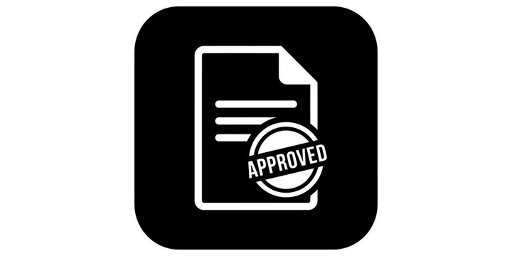 Approved document paper white icon set against black rounded square.