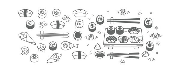 A collection of various sushi pieces and Japanese food elements in a simple line art style © Sai-man