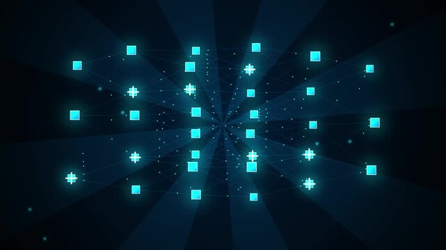Abstract digital network of glowing blue squares and plus signs connected by lines, receding into darkness, data flow, technology concept