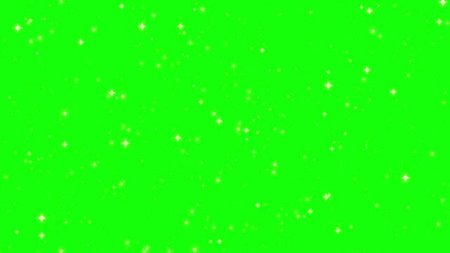 Glittering sparkles, glowing stars, and shimmering dust particles moving continuously across a bright green screen background for chroma key compositing.