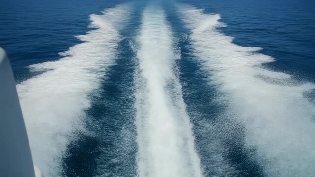 Boat wake trails on blue ocean water during daylight cinematic motion