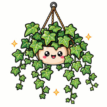 Cute hanging ivy plant in a smiling pot, lush green trailing leaves and botanical charm, kawaii illustration for indoor gardening, home decor, and nature