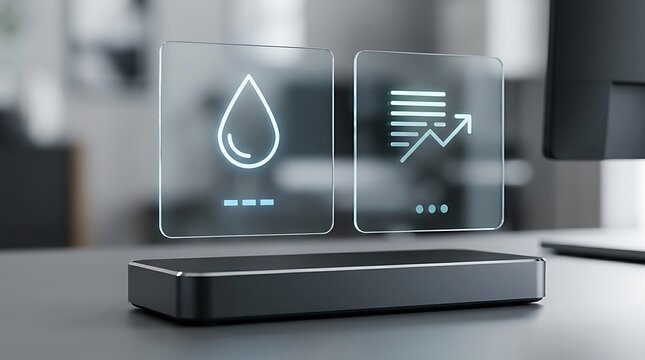 Futuristic holographic interface displaying water drop and financial growth icons, smart home energy monitoring device, digital data visualization