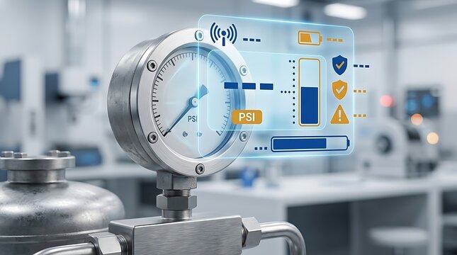 Industrial smart pressure gauge with digital HUD overlay, automated monitoring system in factory, IoT sensor technology