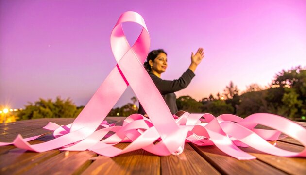 Large pink awareness ribbon held by a person on a wooden deck at sunset with breast cancer support wooden background