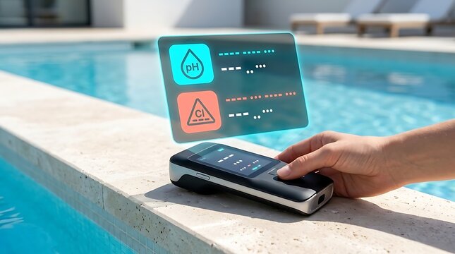 Smart pool water tester with digital interface, handheld swimming pool pH sensor device, automated chemical monitoring system