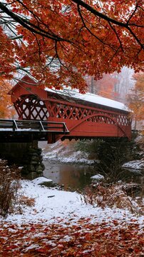 a red wooden covered bridge spanning a snowy river. The bridge has a lattice design and is supported by stone pillars. The ground is covered in a blanket of snow.