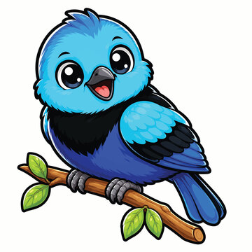 Cute blue and black songbird perched on a leafy branch with bright expressive eyes and vibrant feathers, charming bird cartoon illustration