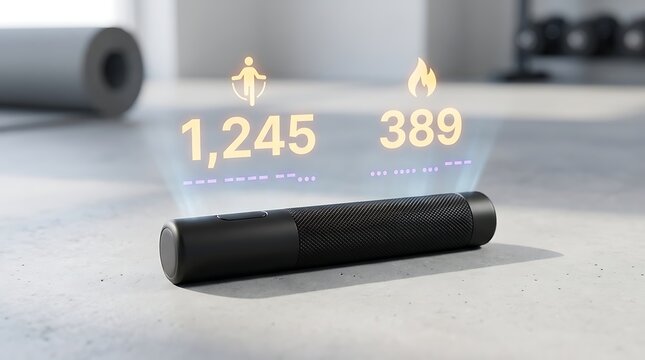 Smart jump rope handle with digital hologram display. Futuristic fitness tracker showing 1,245 jumps and 389 calories. High-tech gym equipment.