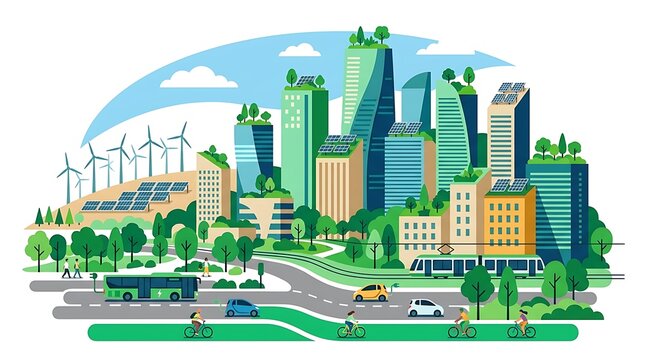 Modern green city landscape with sustainable skyscrapers wind turbines solar panels and public transport in a clean urban environment with parks and people walking on the streets