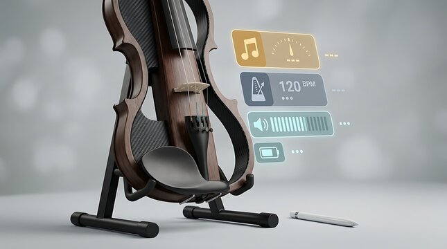 Futuristic electric violin on stand with digital interface. Smart musical instrument with holographic HUD. Modern violin technology for music production.