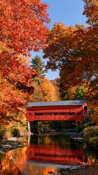 a red covered bridge spanning a still river. The bridge is the focal point, its reflection shimmering on the waters surface. The trees surrounding the bridge are adorned with vibrant red, orange.