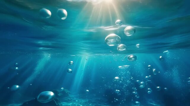 Bubbles rising through sunlit ocean water with light rays underwater