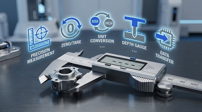 Digital caliper precision measurement tool, industrial quality control vernier scale, smart manufacturing data transfer technology