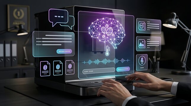 Artificial intelligence coffee machine interface, smart appliance with digital brain HUD, futuristic IoT kitchen technology