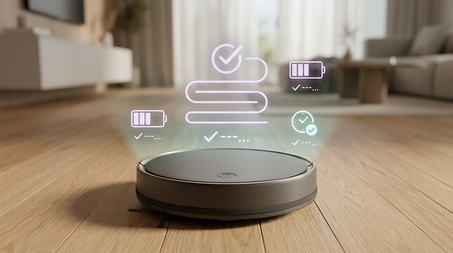 Smart robotic vacuum cleaner with digital interface, autonomous robot vacuum on wooden floor, futuristic home cleaning technology