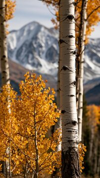 a serene autumn scene. The main subject is a tall, slender birch tree with white bark and dark brown bark. The trees leaves are a bright yellow, contrasting with the surrounding foliage.